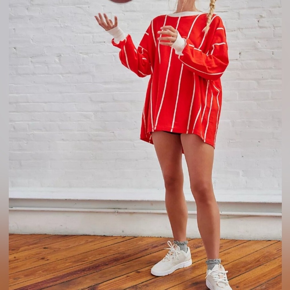 #67 NWT Free People Home Game Stripe Layer Top in Red Combo
